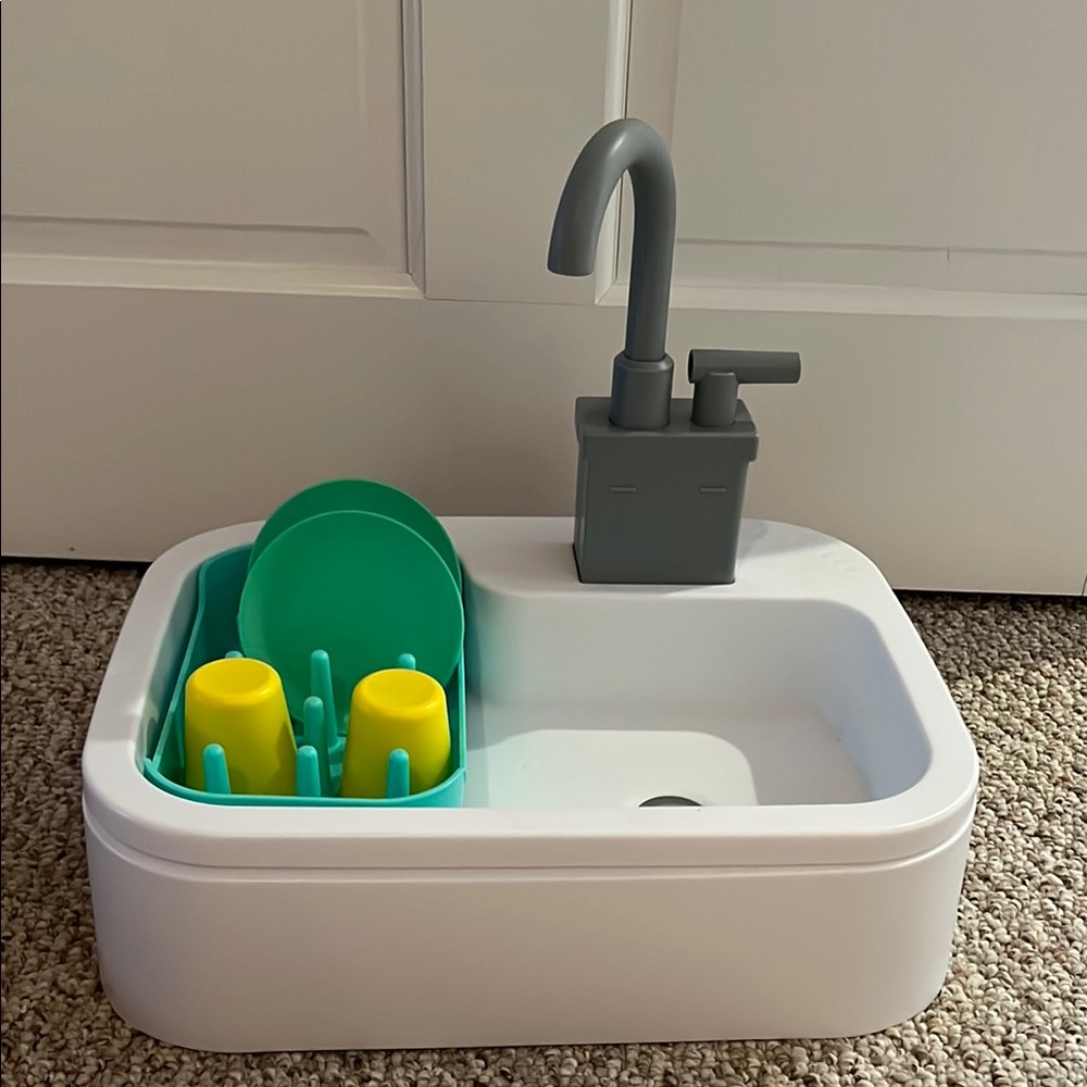 Kids Toy Sink with Gray Faucet and Green Accessories